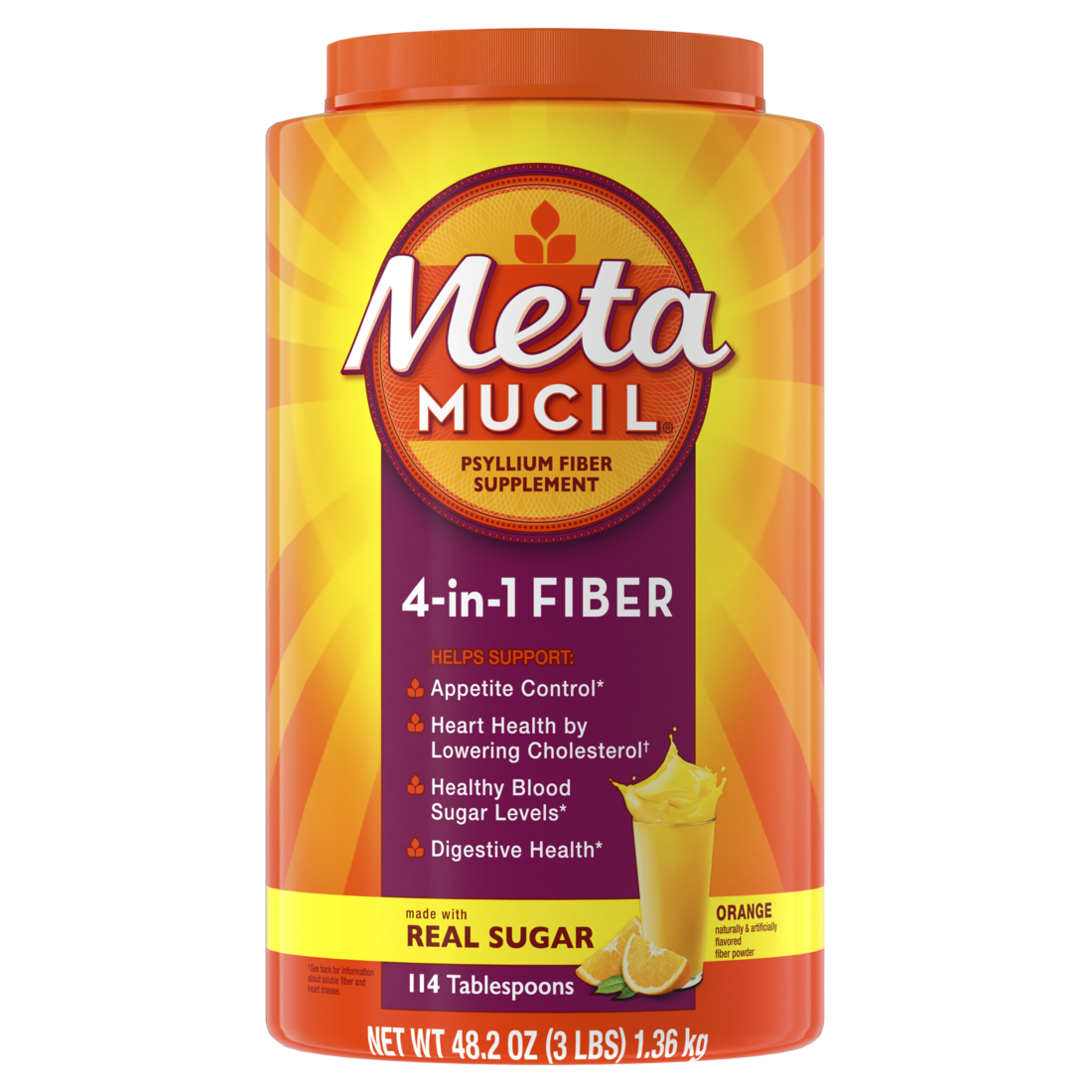 Metamucil 4-in-1 Psyllium Husk Glp-1 Friendly Fiber Supplement Real Sugar 114 Tablespoons Orange Flavored  Daily Fiber Powder For Digestive Health Made With Plant-Based Psyllium Husk Fiber - 48.2oz/4pk