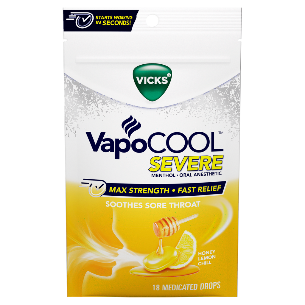 Vicks Vapocool Severe Max Strength* Menthol Cough Drop Alternative/Sore Throat Lozenge For Sore Throat Relief Honey Lemon - 18ct/12pk