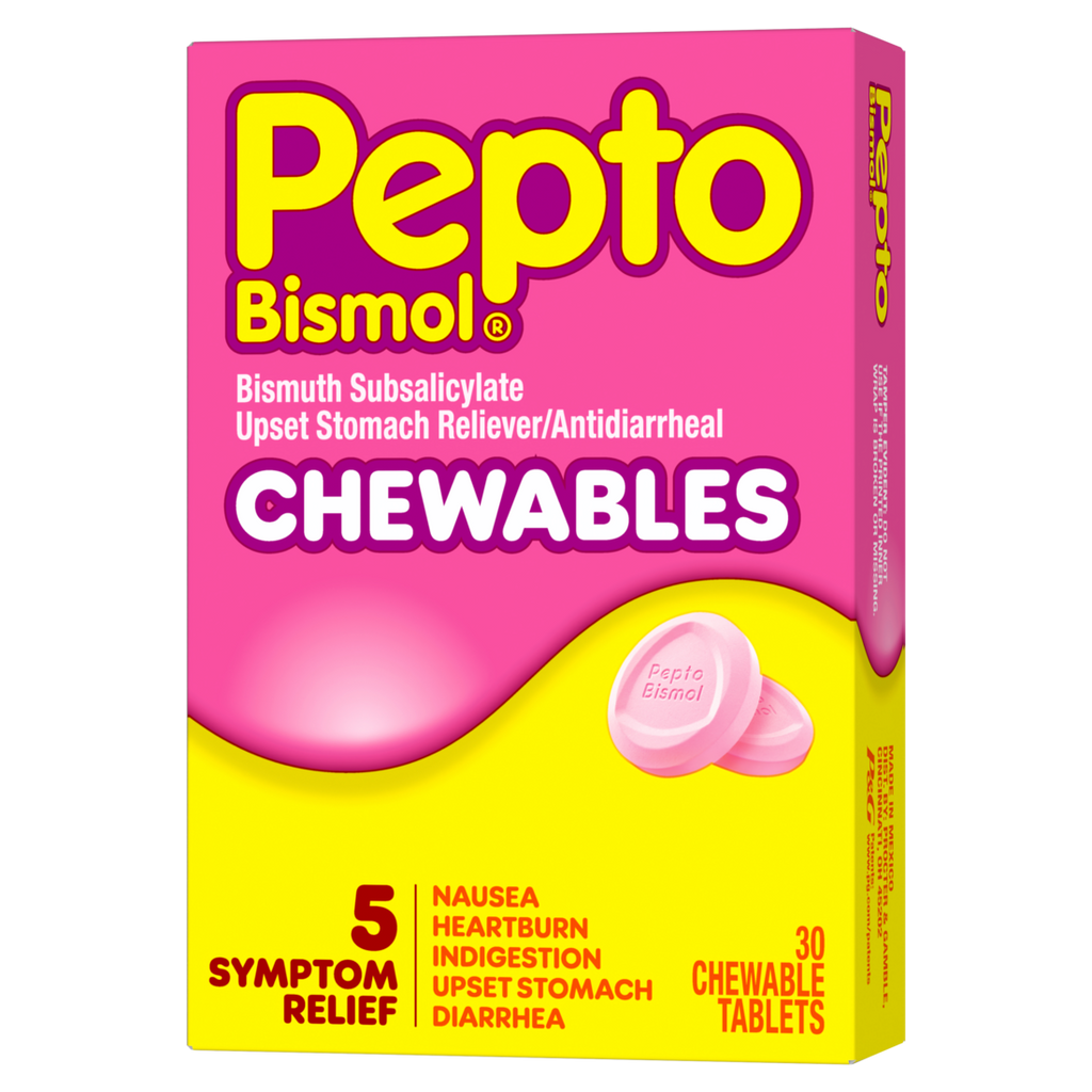 Pepto Bismol Chewable Tablets Upset Stomach Relief Nausea Relief Heartburn Relief Indigestion Relief Anti Diarrhea Medication For Adults - 5 Symptom Relief - 30ct/24pk