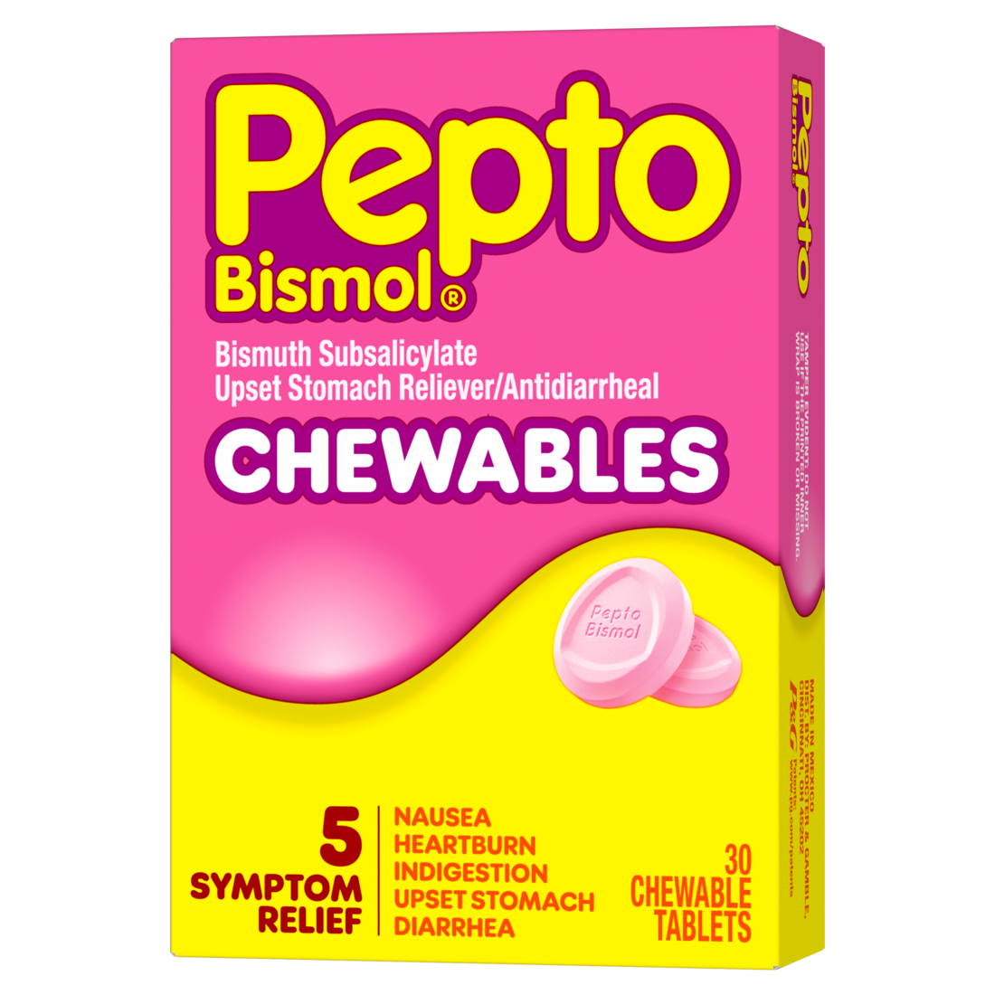 Pepto Bismol Chewable Tablets Upset Stomach Relief Nausea Relief Heartburn Relief Indigestion Relief Anti Diarrhea Medication For Adults - 5 Symptom Relief - 30ct/24pk