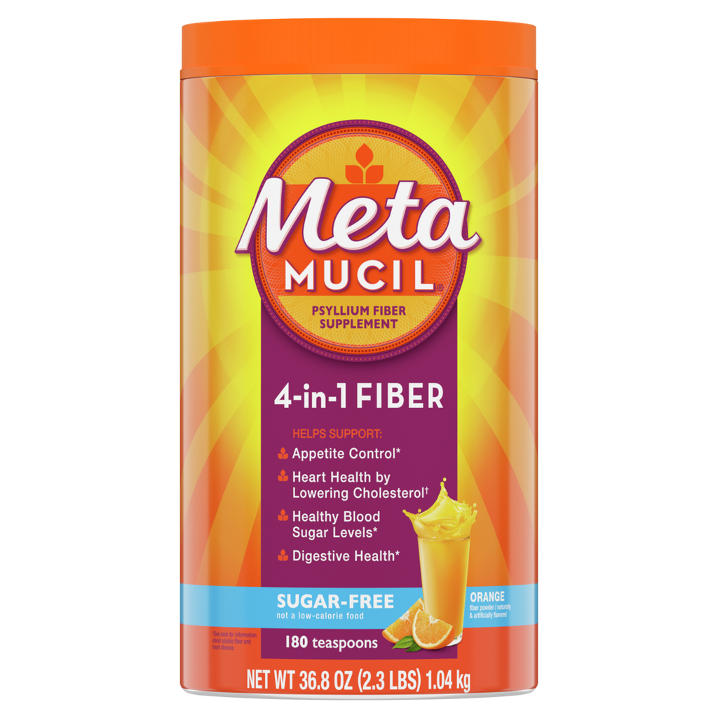 Metamucil 4-in-1 Psyllium Husk Glp-1 Friendly Fiber Supplement Sugar-Free 180 Teaspoons Orange Flavored  Daily Fiber Powder For Digestive Health Made With Plant-Based Psyllium Husk Fiber - 36.8oz/4pk