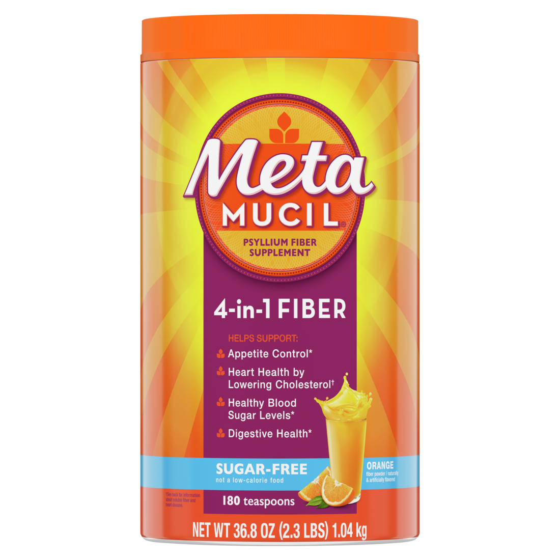 Metamucil 4-in-1 Psyllium Husk Glp-1 Friendly Fiber Supplement Sugar-Free 180 Teaspoons Orange Flavored  Daily Fiber Powder For Digestive Health Made With Plant-Based Psyllium Husk Fiber - 36.8oz/4pk