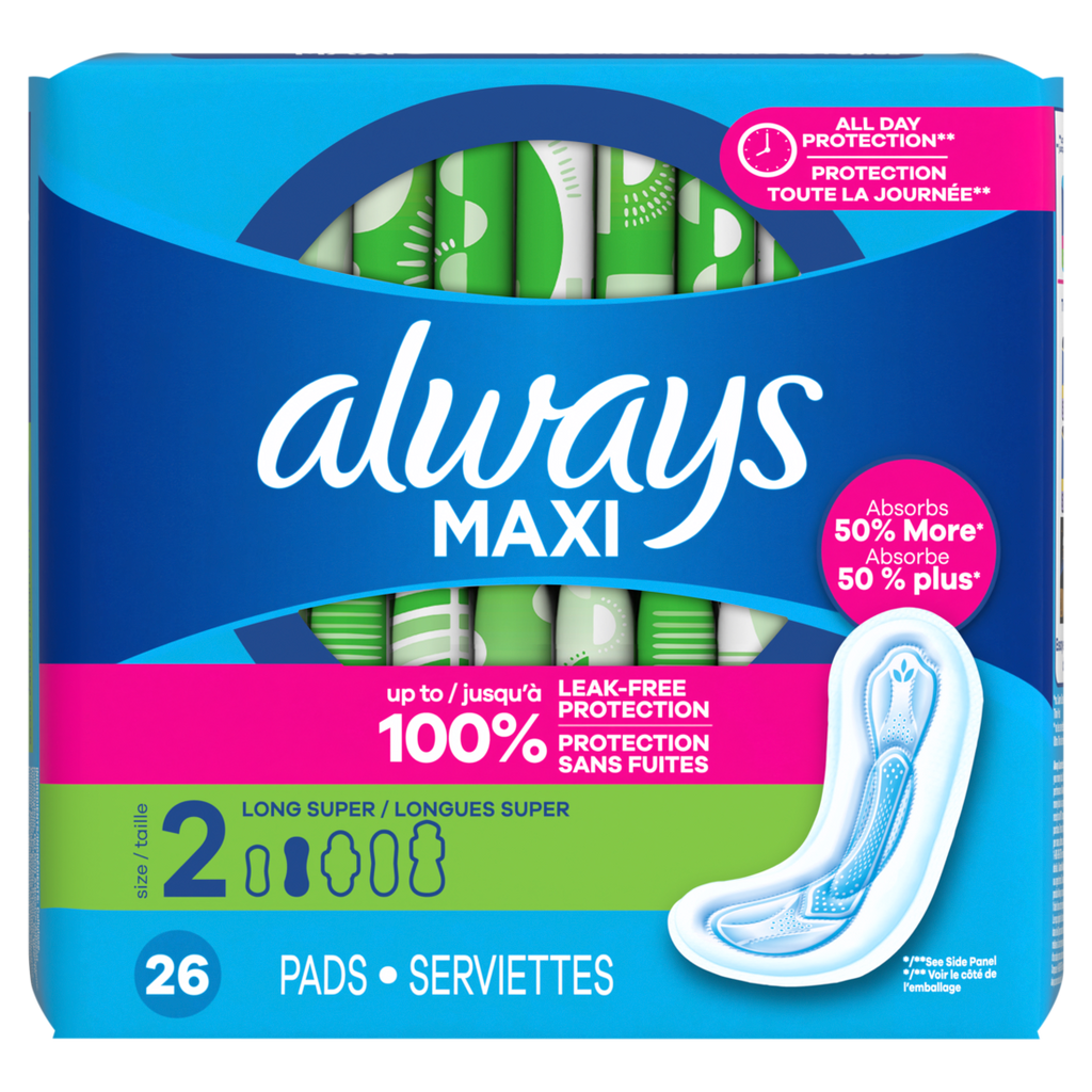 Always Maxi Feminine Pads Without Wings For Women Size 2 Long Super Absorbency Unscented - 26ct/6pk