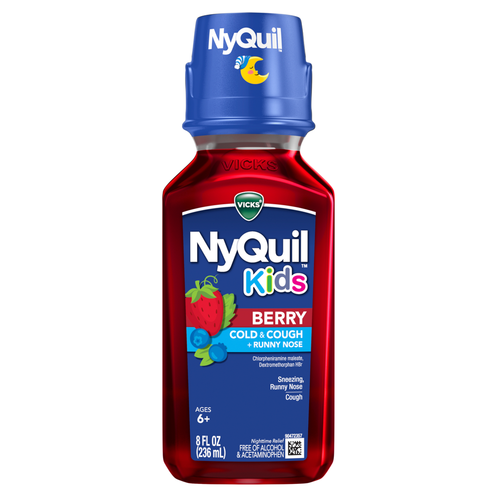 Vicks Nyquil Kids Berry Cold & Cough + Runny Nose Multi-Symptom Medicine Nighttime Relief From Sneezing Runny Nose Nasal Congestion & Cough Great-Tasting Berry Flavor Free Of Alcohol & Acetaminophen For Children Ages 6+ - 8oz/12pk