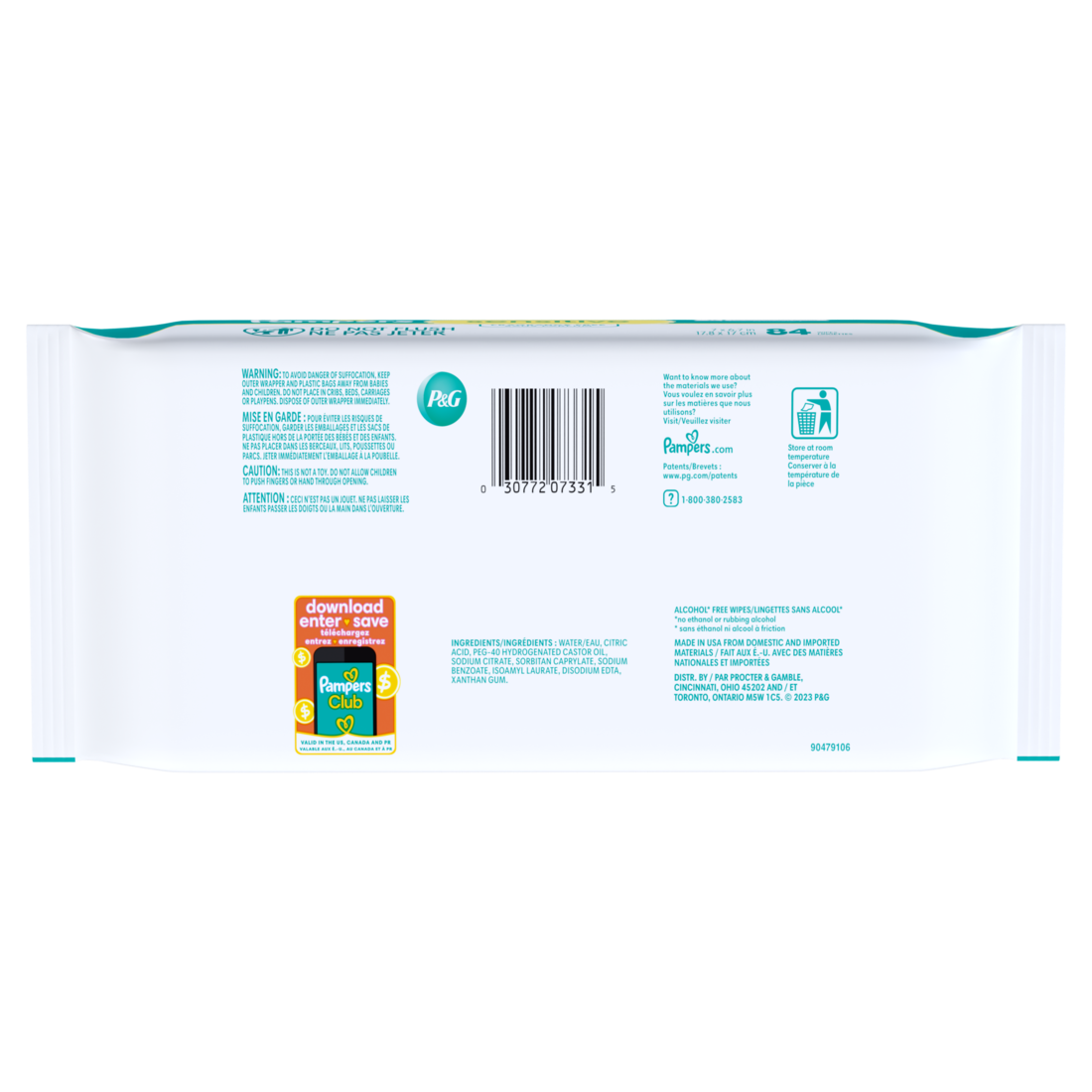 Baby Wipes Pampers Sensitive Clinically Proven Fragrance Free Water Based Hypoallergenic Baby Wipes (1X Flip-Top Packs) - 84ct/8pk