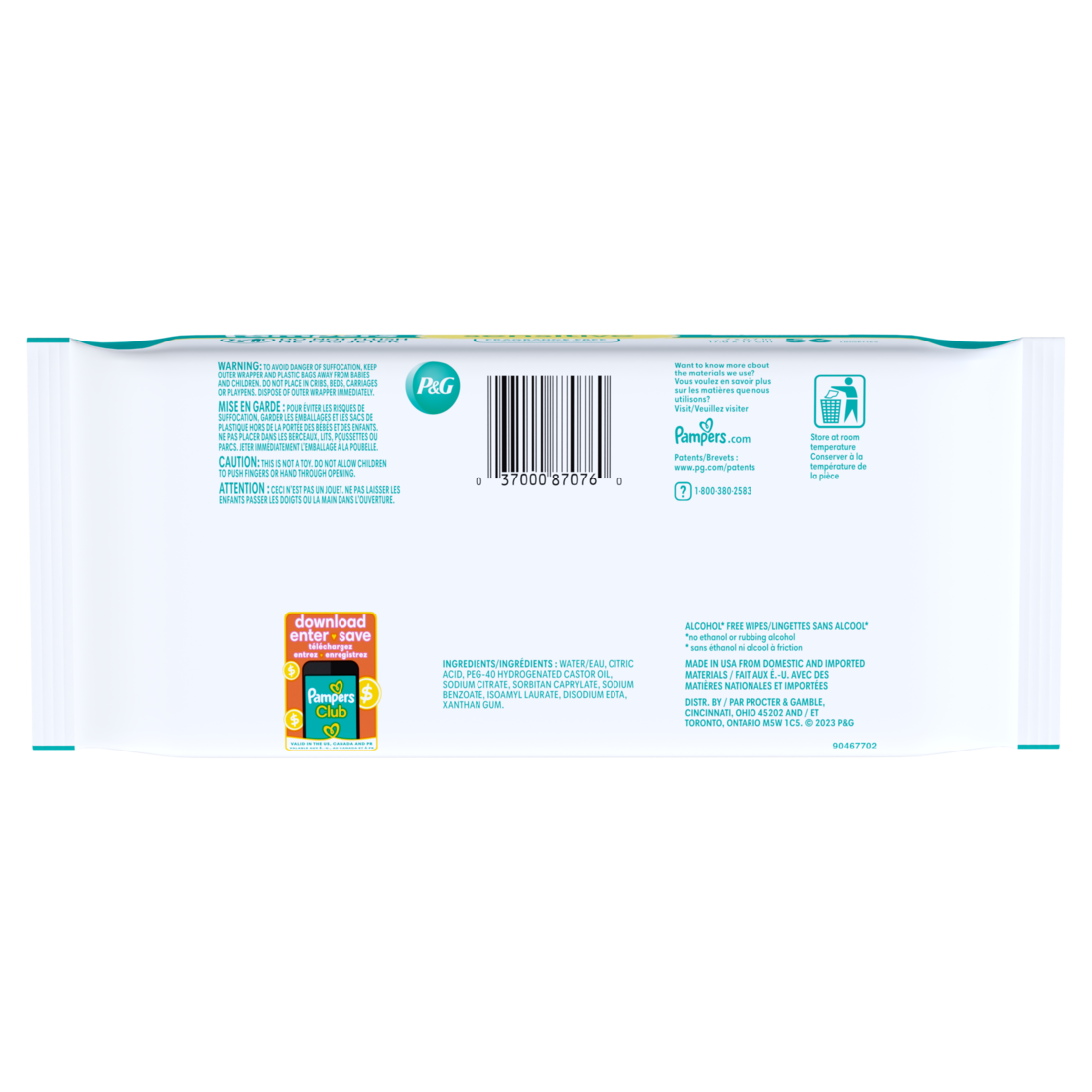 Pampers Sensitive Baby Wipes Clinically Proven Water Based Hypoallergenic And Unscented Baby Wipes (1X Flip-Top Packs) - 56ct/8pk