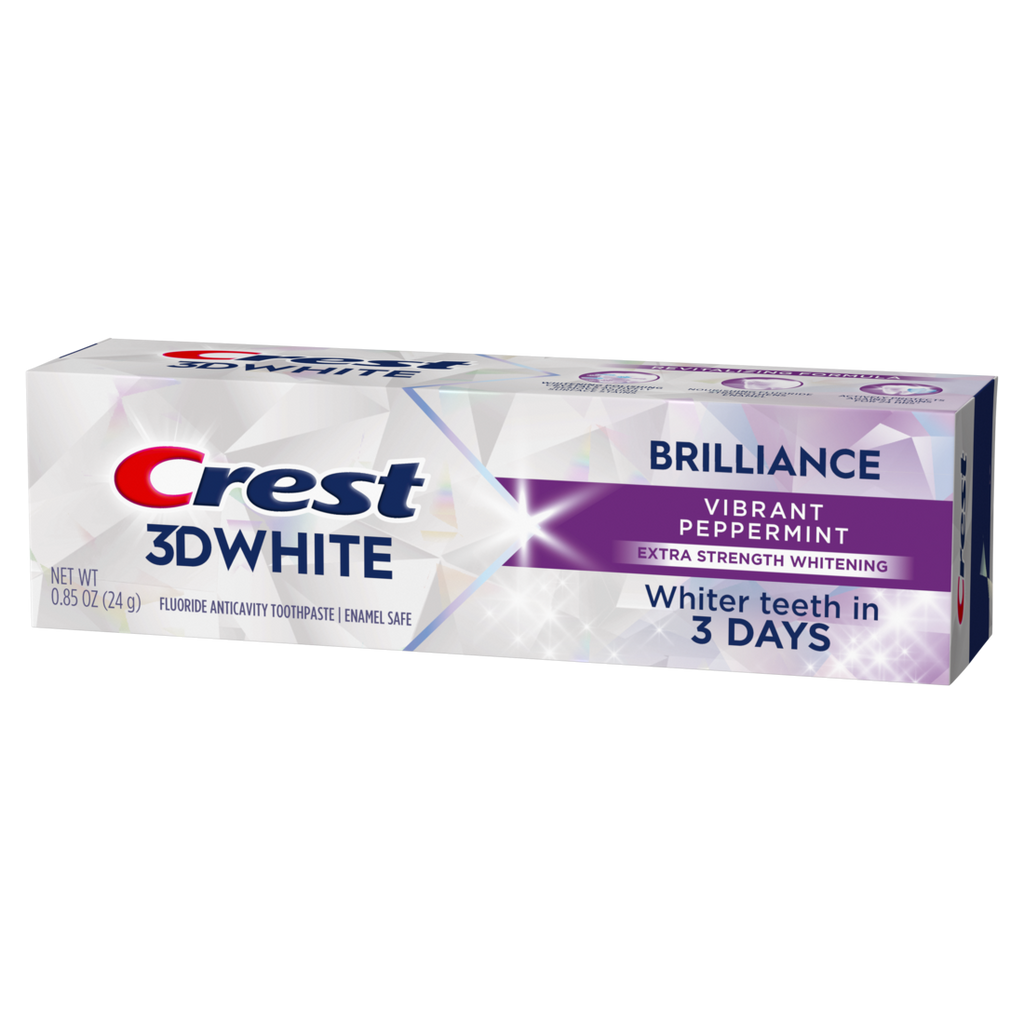 Crest 3D White Brilliance Vibrant Peppermint Teeth Whitening Toothpaste Whiter Teeth In 3 Days Anticavity Fluoride Toothpaste 100% More Surface Stain Removal 24 Hour Active Stain Prevention - 0.85oz/72pk