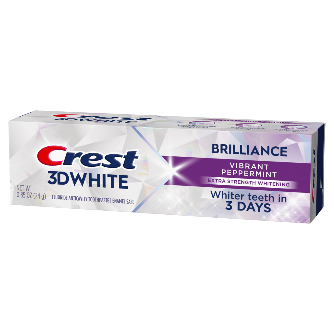 Crest 3D White Brilliance Vibrant Peppermint Teeth Whitening Toothpaste Whiter Teeth In 3 Days Anticavity Fluoride Toothpaste 100% More Surface Stain Removal 24 Hour Active Stain Prevention - 0.85oz/72pk
