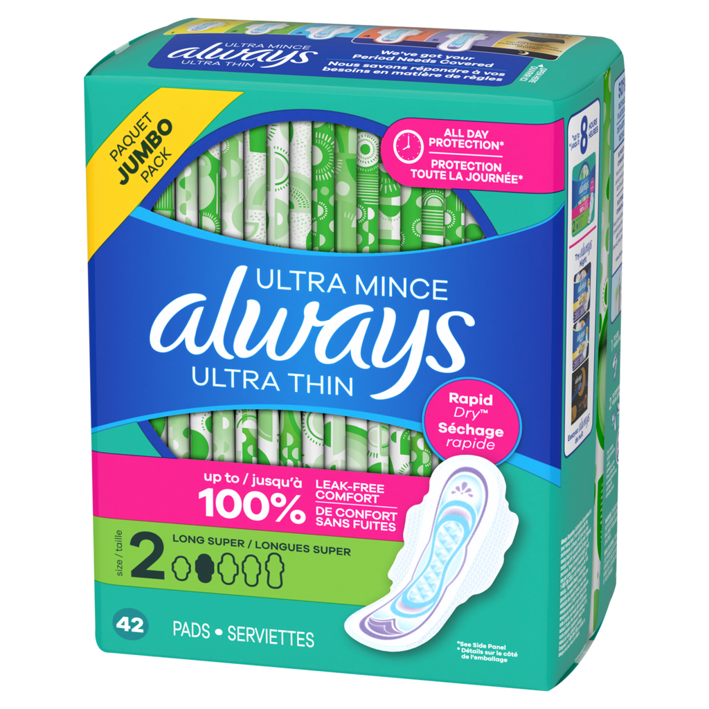 Always Ultra Thin Feminine Pads With Wings For Women Size 2 Long Super Absorbency Unscented - 42ct/6pk
