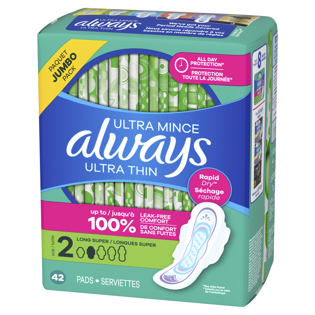 Always Ultra Thin Feminine Pads With Wings For Women Size 2 Long Super Absorbency Unscented - 42ct/6pk