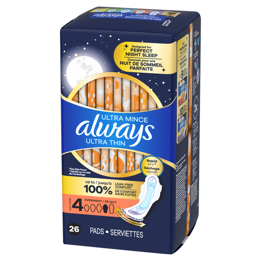 Always Ultra Thin Feminine Pads With Wings For Women Size 4 Overnight Absorbency Unscented - 26ct/3pk