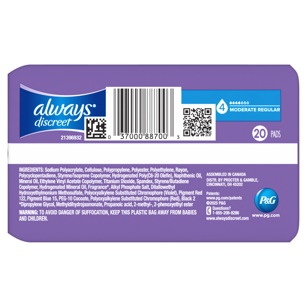 Always Discreet Adult Incontinence Pads For Women Moderate Absorbency Regular Length Postpartum Pads Size 4 - 20ct/3pk