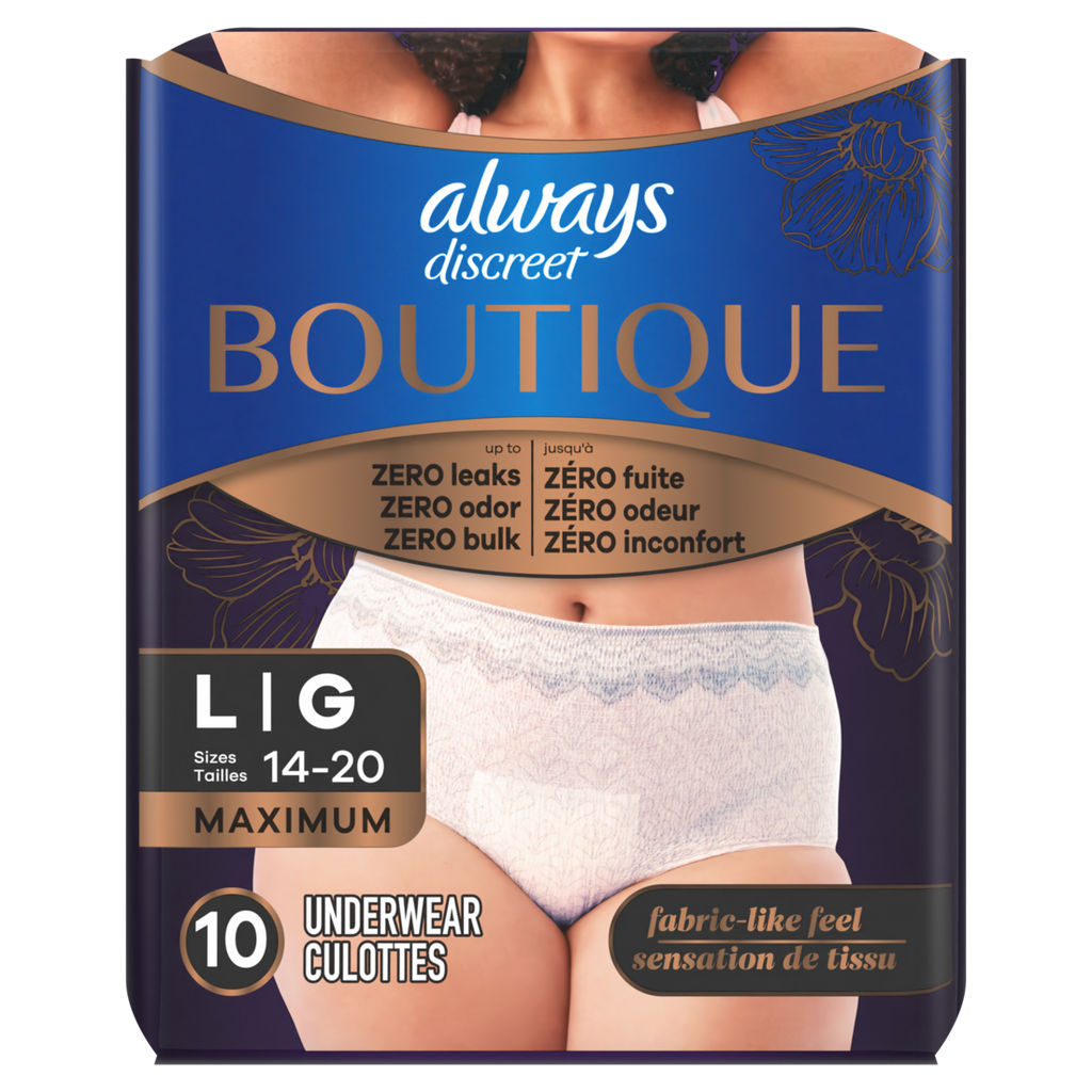 Always Discreet Boutique Incontinence And Postpartum Underwear For Women Maximum Protection L Rosy 10 - 10ct/2pk