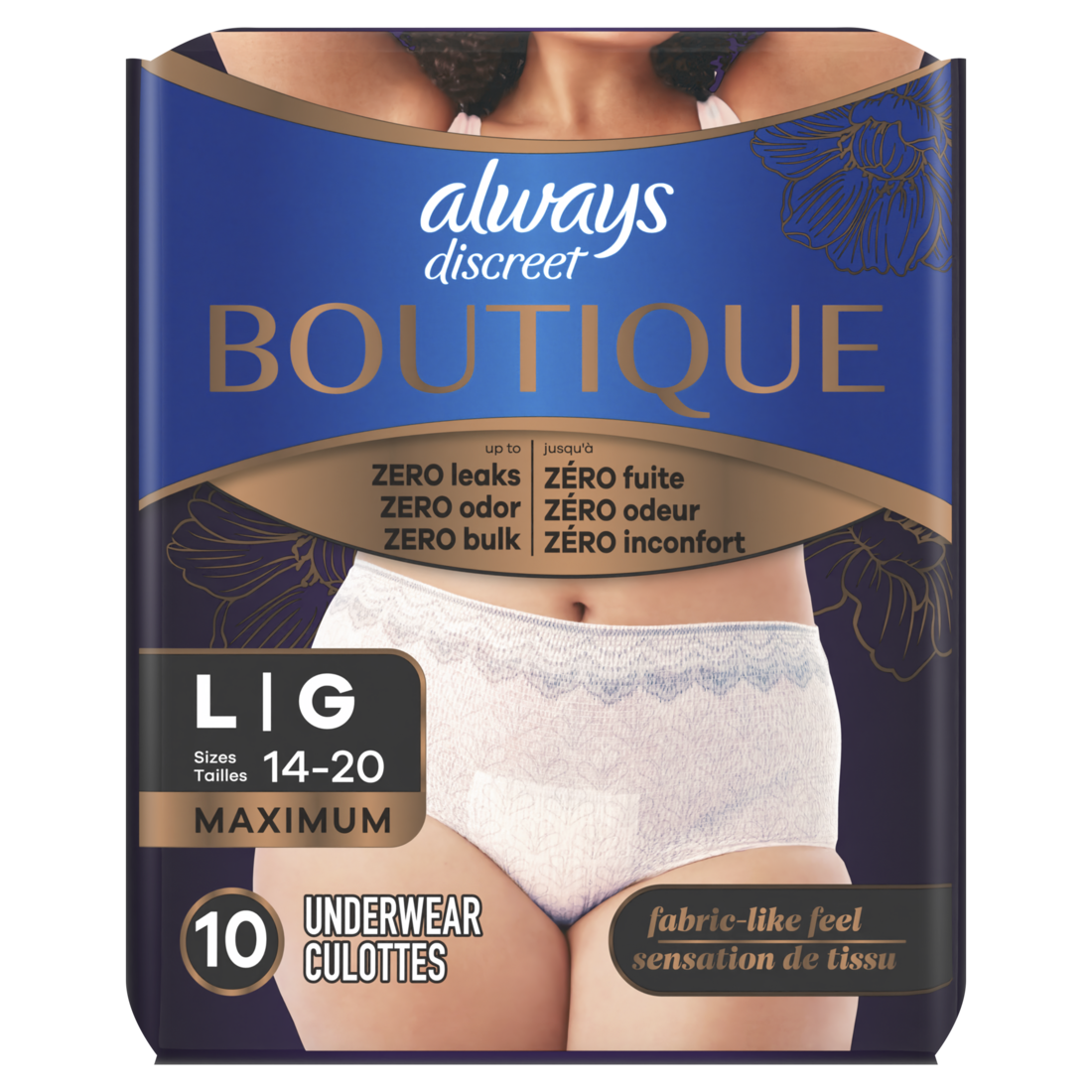 Always Discreet Boutique Incontinence And Postpartum Underwear For Women Maximum Protection L Rosy 10 - 10ct/2pk