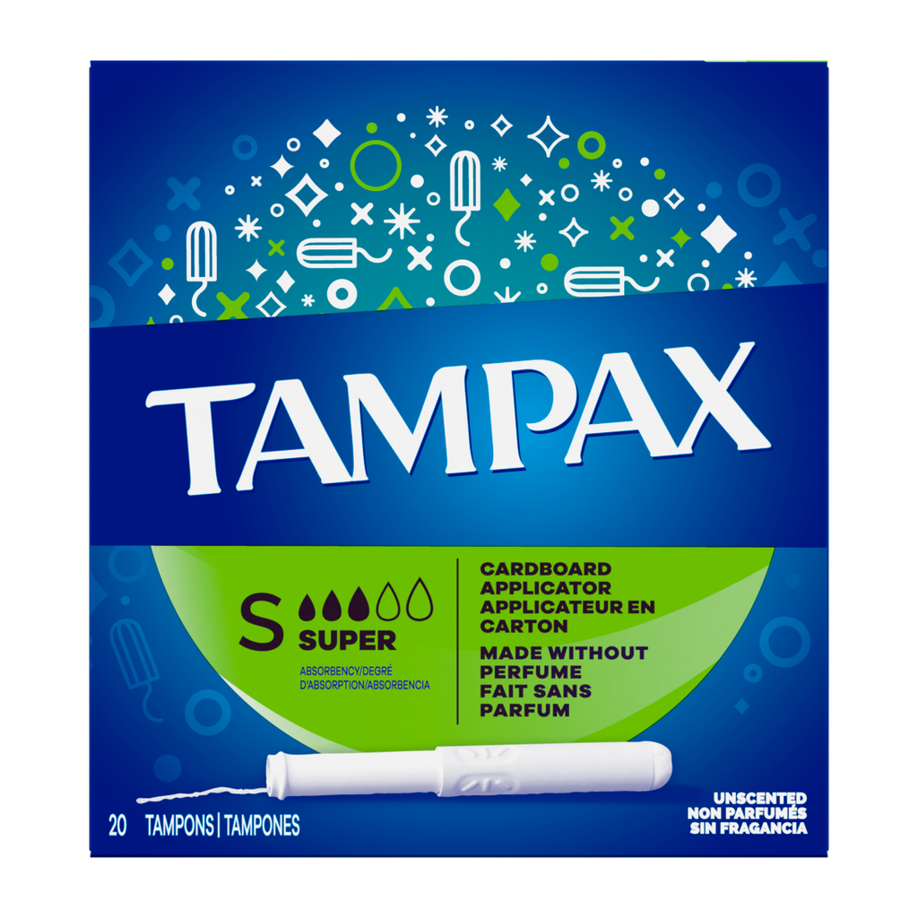 Tampax Cardboard Tampons Super Absorbency Anti-Slip Grip Leakguard Skirt Unscented - 20ct/24pk