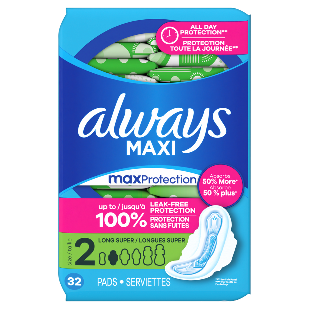 Always Maxi Feminine Pads With Wings For Women Size 2 Long Super Absorbency Unscented - 32ct/6pk