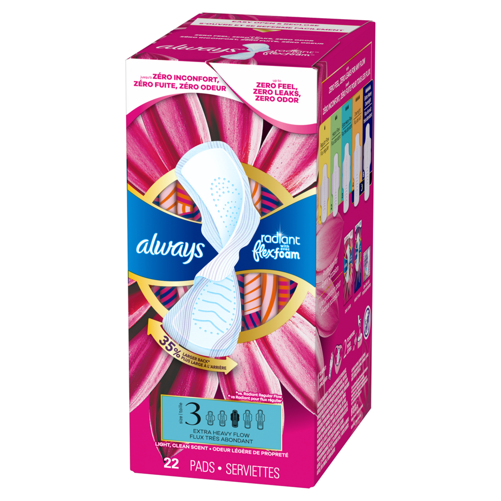 Always Radiant With Flexfoam Pads Size 3 Extra Heavy With Wings Light Clean Scent - 22ct/3pk