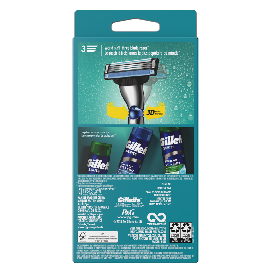 Gillette Mach3 3D Shaving Razor For Men 1 Gillette 3-Blade Razor Handle For Men's Grooming 2 Razor Blade Refills Razor Blades With 3D Motion Handle - 1set/6pk