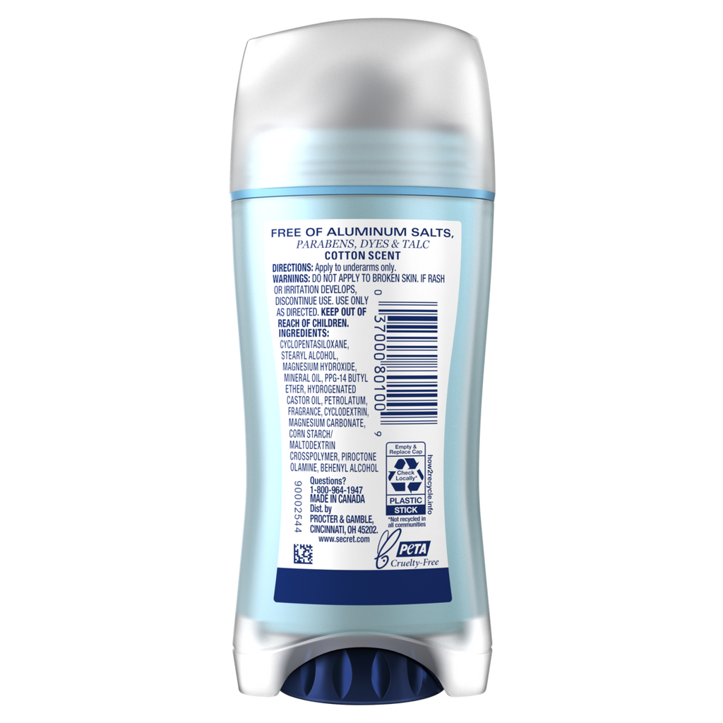 Secret Aluminum Free Deodorant For Women Dry Solid Cotton - 2.4oz/12pk