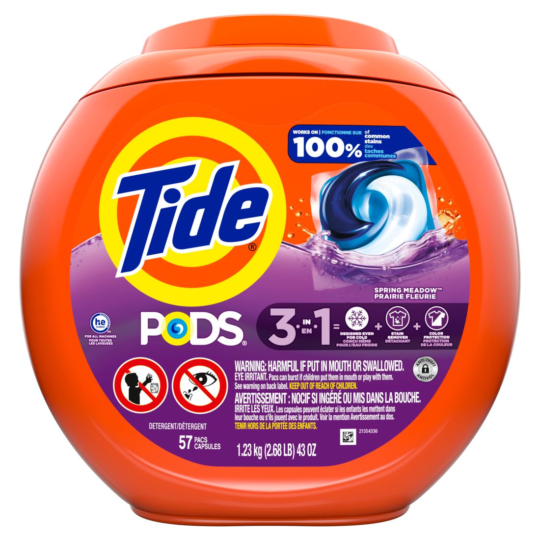 Tide Pods Laundry Detergent Pacs 3-in-1 Stain Remover Odor Fighter Color Protector HE Compatible Spring Meadow Scent - 57ct/4pk