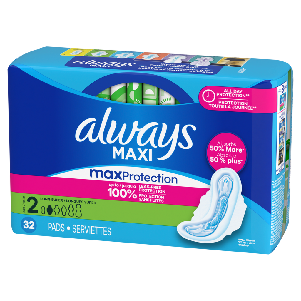 Always Maxi Feminine Pads With Wings For Women Size 2 Long Super Absorbency Unscented - 32ct/6pk