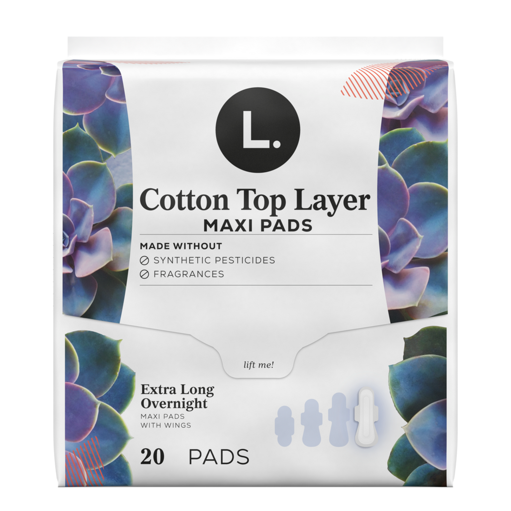 L. Extra Long Maxi Pads For Women Organic Cotton Top Layer Overnight Absorbency Pads With Wings - 20ct/6pk