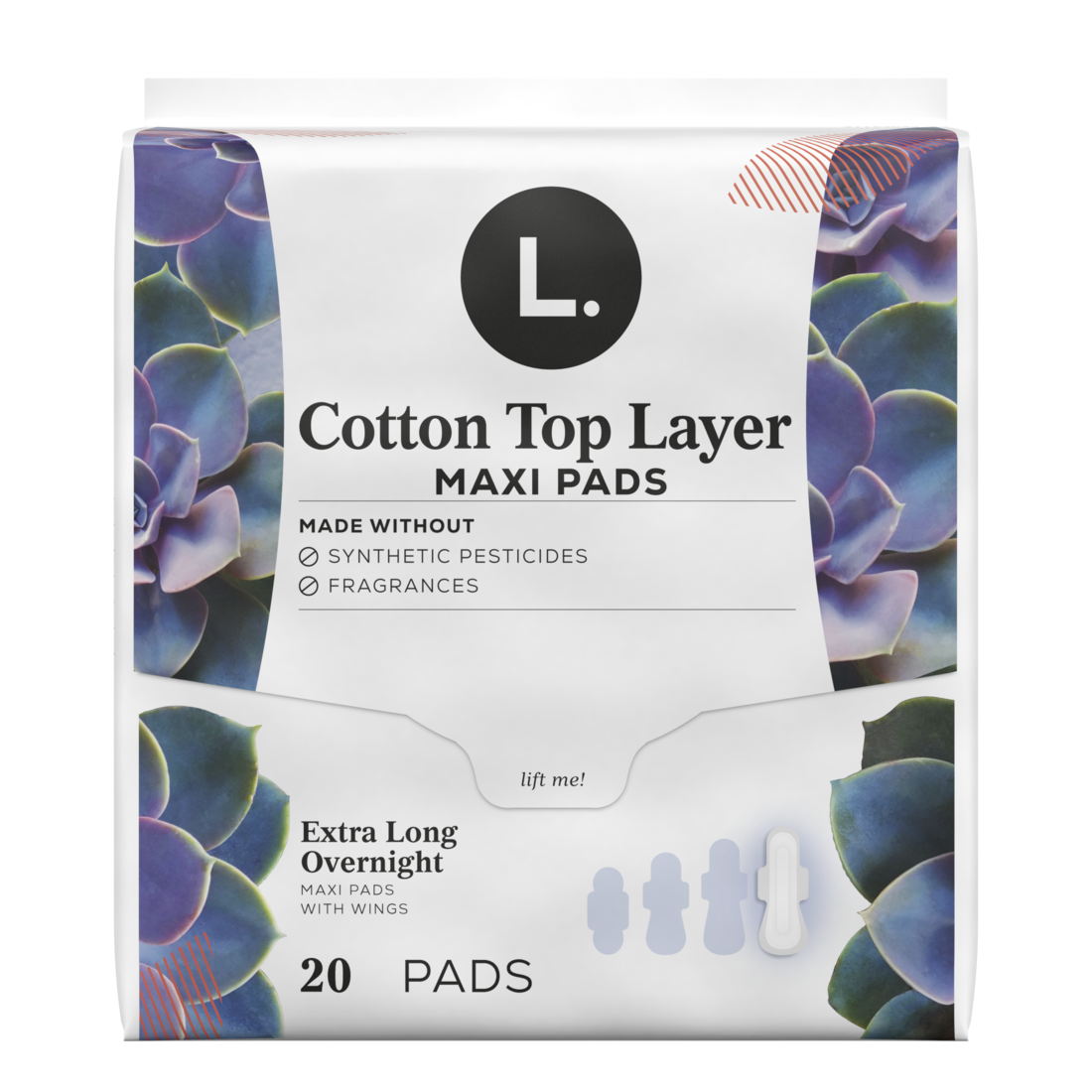 L. Extra Long Maxi Pads For Women Organic Cotton Top Layer Overnight Absorbency Pads With Wings - 20ct/6pk