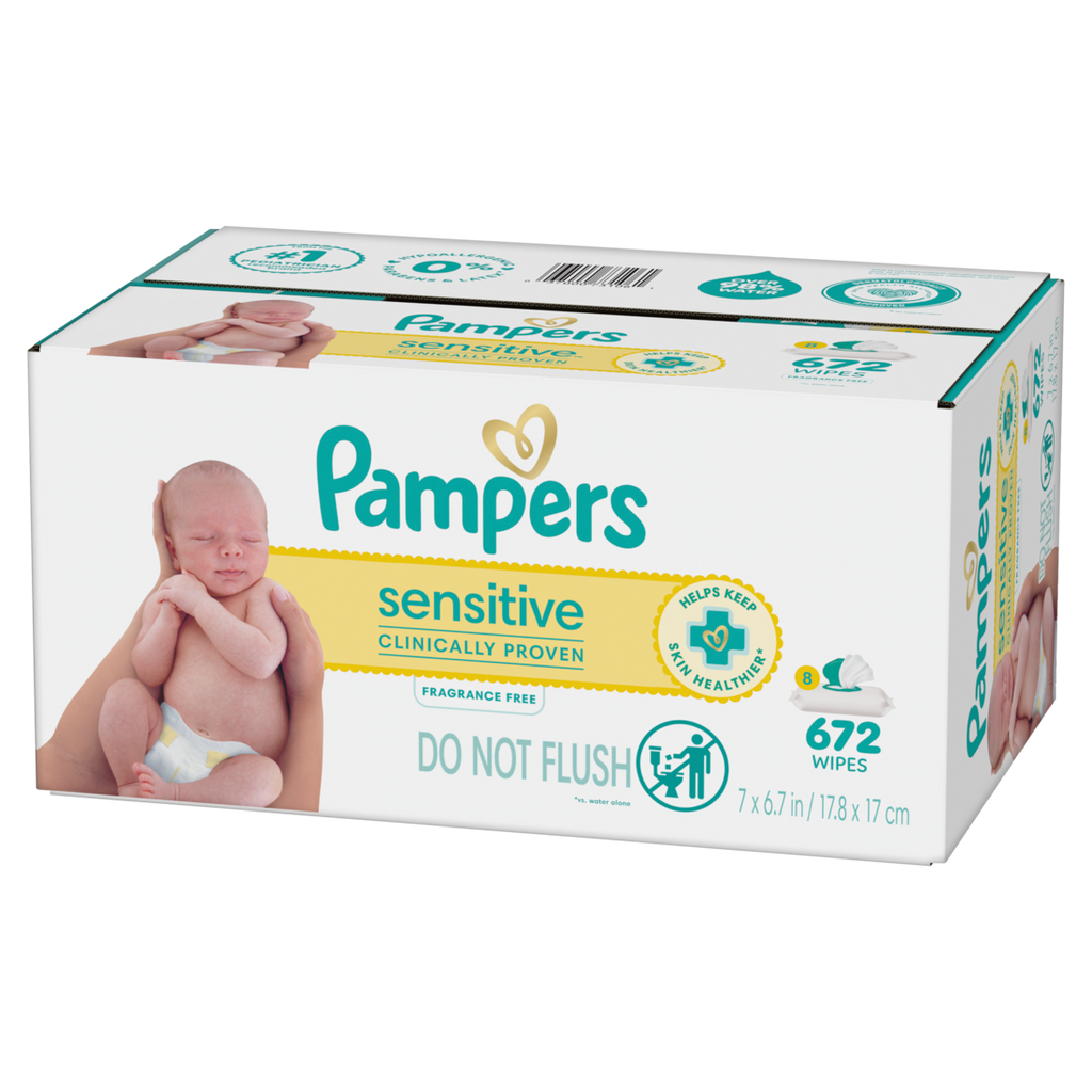 Baby Wipes Pampers Sensitive Clinically Proven Fragrance Free Water Based Hypoallergenic Baby Wipes (8X Flip-Top Packs 84 Wipers per Pack) - 672ct/1pk