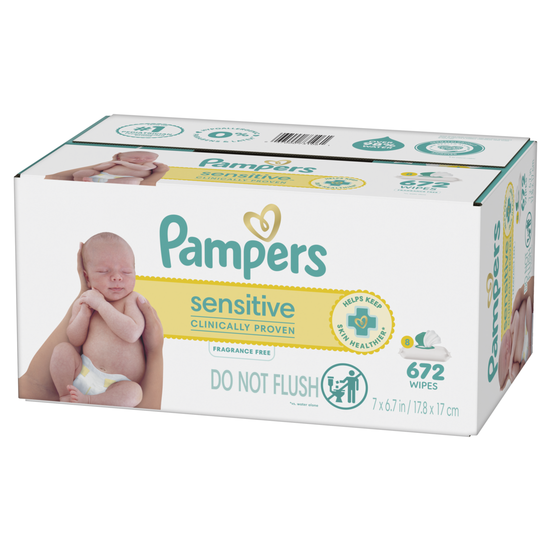 Baby Wipes Pampers Sensitive Clinically Proven Fragrance Free Water Based Hypoallergenic Baby Wipes (8X Flip-Top Packs 84 Wipers per Pack) - 672ct/1pk