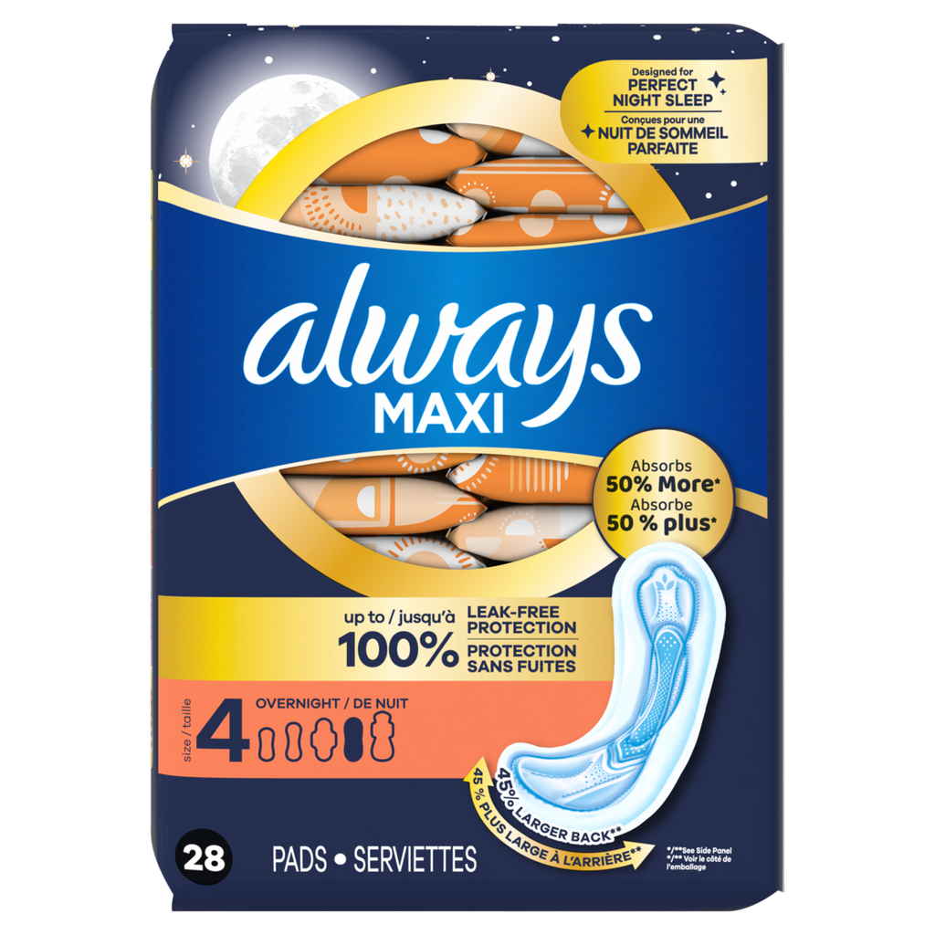 Always Maxi Overnight Pads Without Wings For Women Size 4 Overnight Absorbency Unscented - 28ct/6pk
