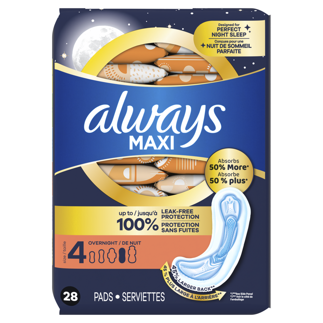 Always Maxi Overnight Pads Without Wings For Women Size 4 Overnight Absorbency Unscented - 28ct/6pk