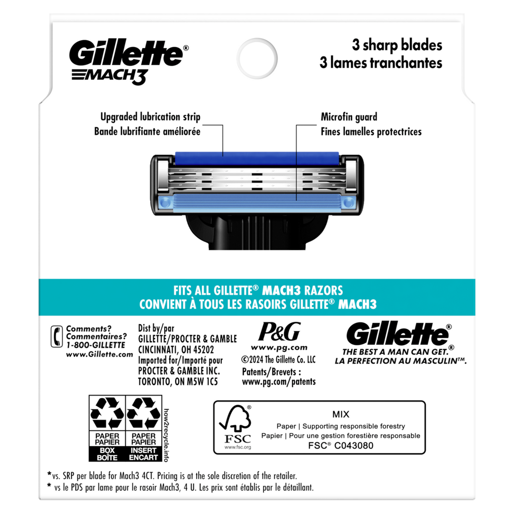 Gillette Mach3 Razor Blade Refills Razor Cartridges Razor Refills For Men With Lubrication Strip 3-Blade Razor Blades For Close Shave - 12ct/6pk