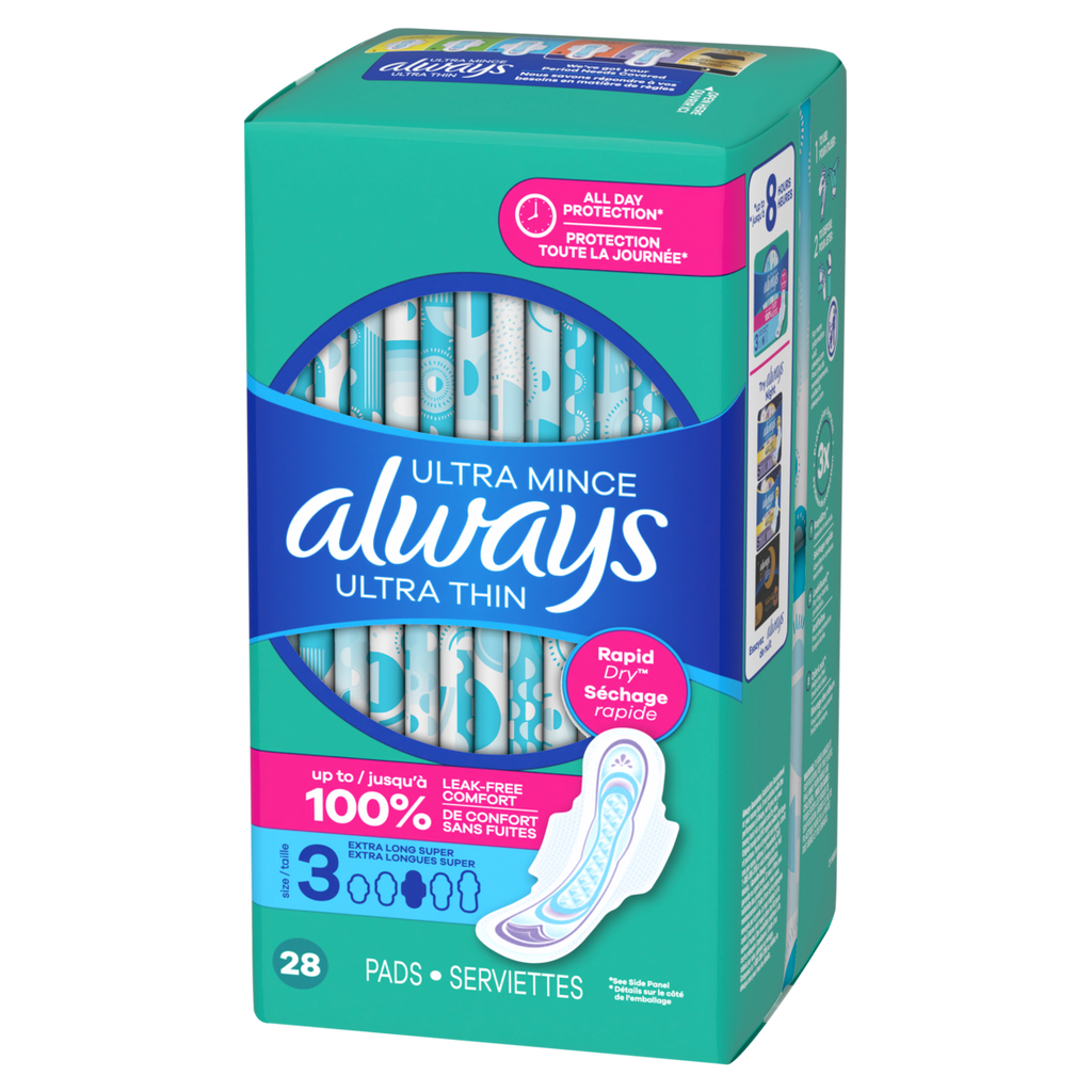 Always Ultra Thin Feminine Pads With Wings For Women Size 3 Extra Long Super Absorbency Unscented - 28ct/3pk