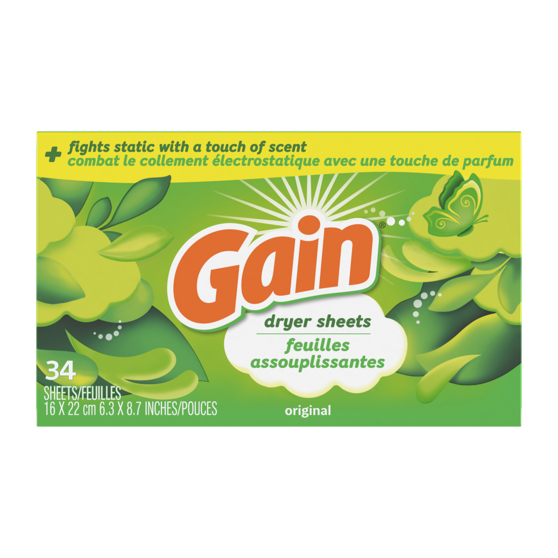 Gain Dryer Sheets Plus Wrinkle Release Original Scent Fights Static With A Touch Of Scent Laundry Sheets - 34ct/12pk