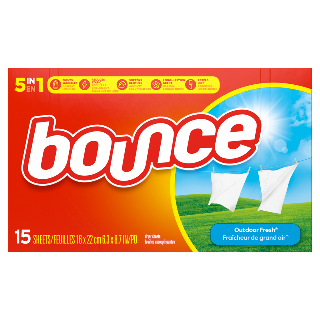 Bounce Dryer Sheets Outdoor Fresh Scent Fabric Softener Sheets Reduces Static Softens And Fights Wrinkles - 15ct/15pk