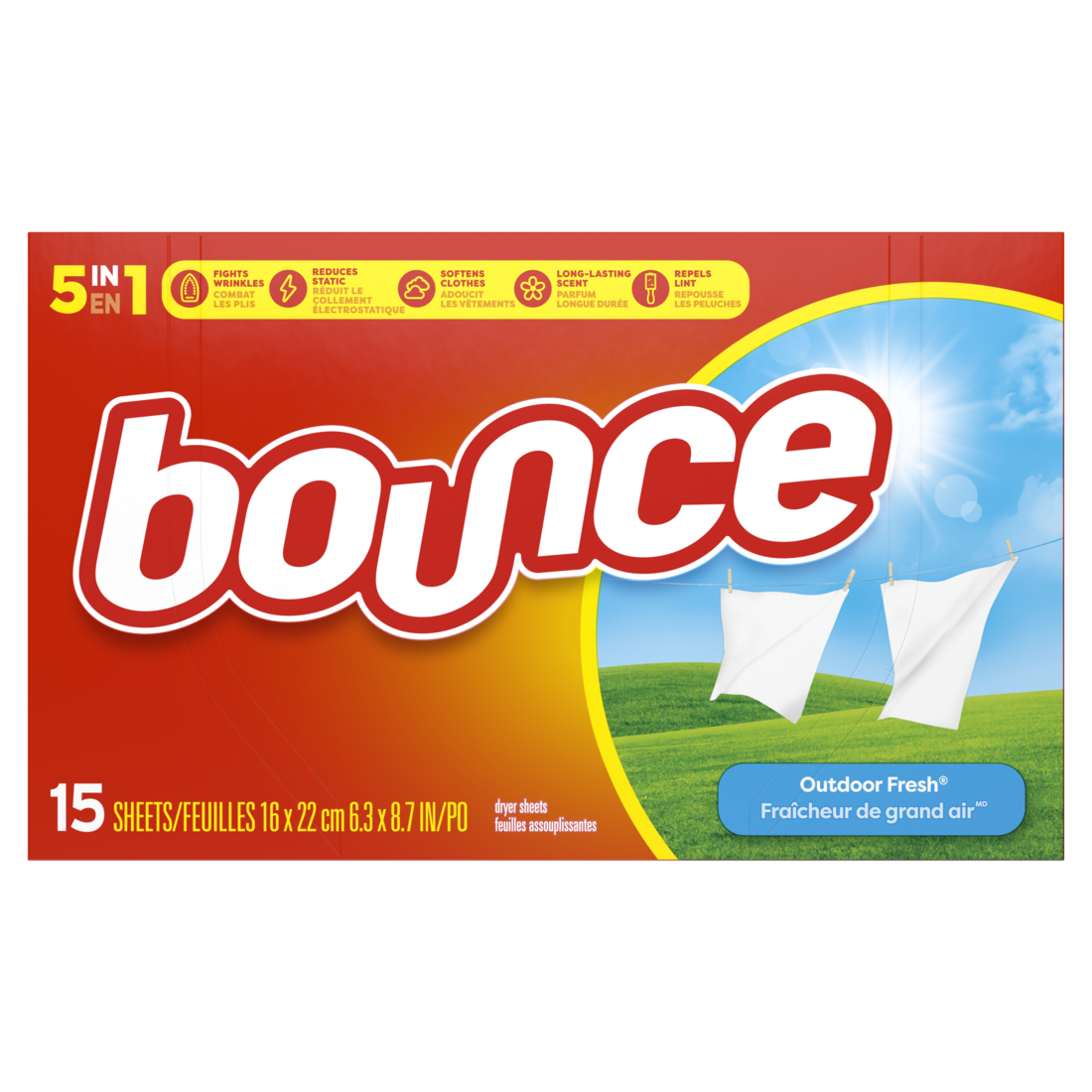 Bounce Dryer Sheets Outdoor Fresh Scent Fabric Softener Sheets Reduces Static Softens And Fights Wrinkles - 15ct/15pk