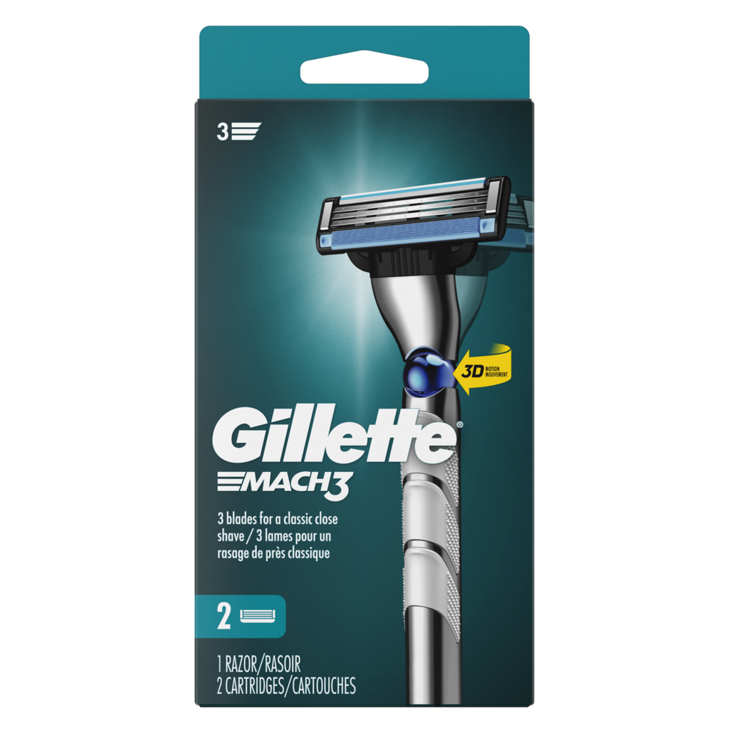 Gillette Mach3 3D Shaving Razor For Men 1 Gillette 3-Blade Razor Handle For Men's Grooming 2 Razor Blade Refills Razor Blades With 3D Motion Handle - 1set/6pk