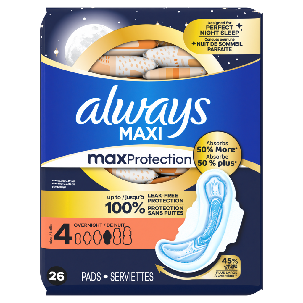 Always Maxi Overnight Pads With Wings For Women Size 4 Overnight Absorbency Unscented - 26ct/6pk