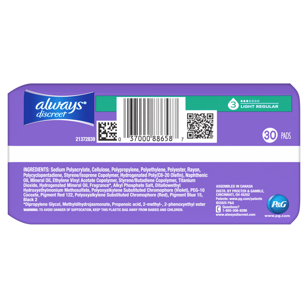 Always Discreet Adult Incontinence Pads For Women Light Absorbency Regular Length Postpartum Pads Size 3 - 30ct/3pk