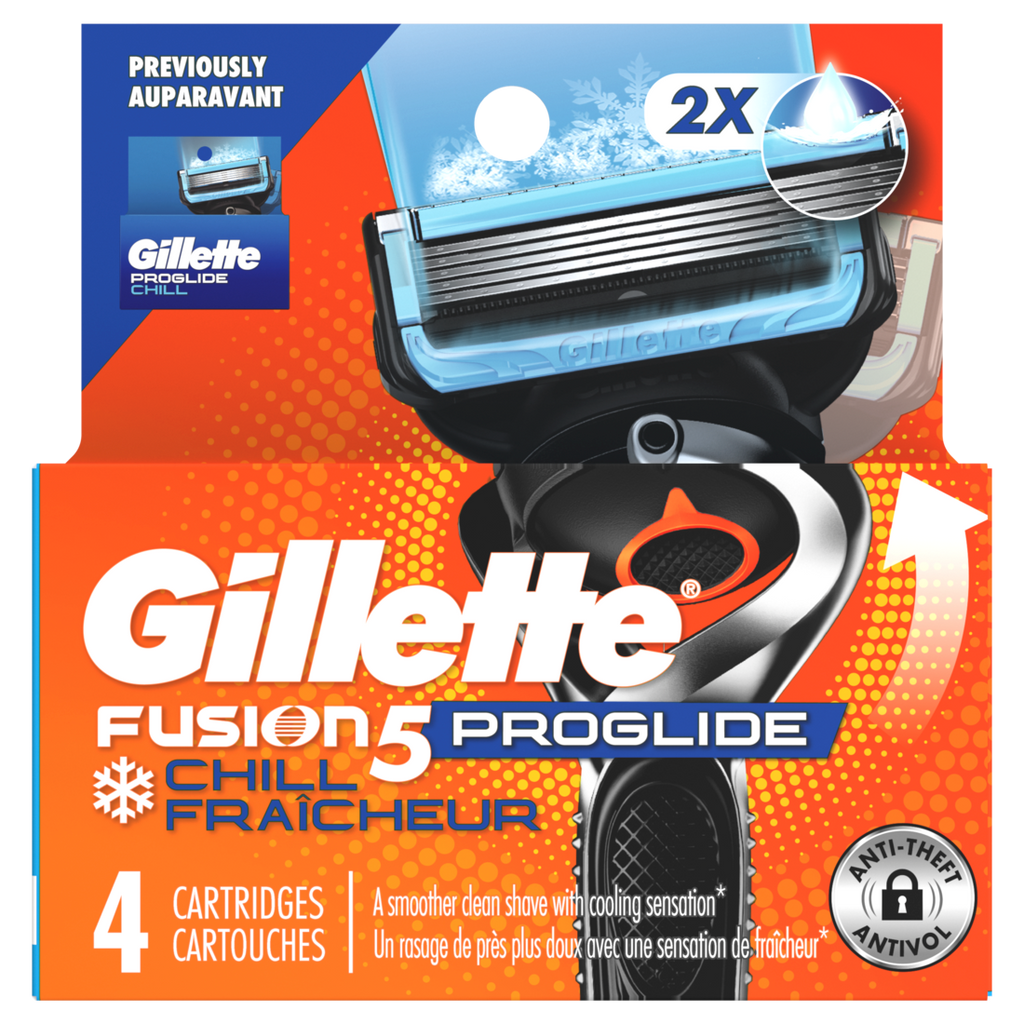 Gillette Fusion5 Proglide Chill Razor Refills 4 Razor Cartridges For Flexball Handle 5-Blade Razor Blades 2X Cooling Lubrication - 4ct/6pk
