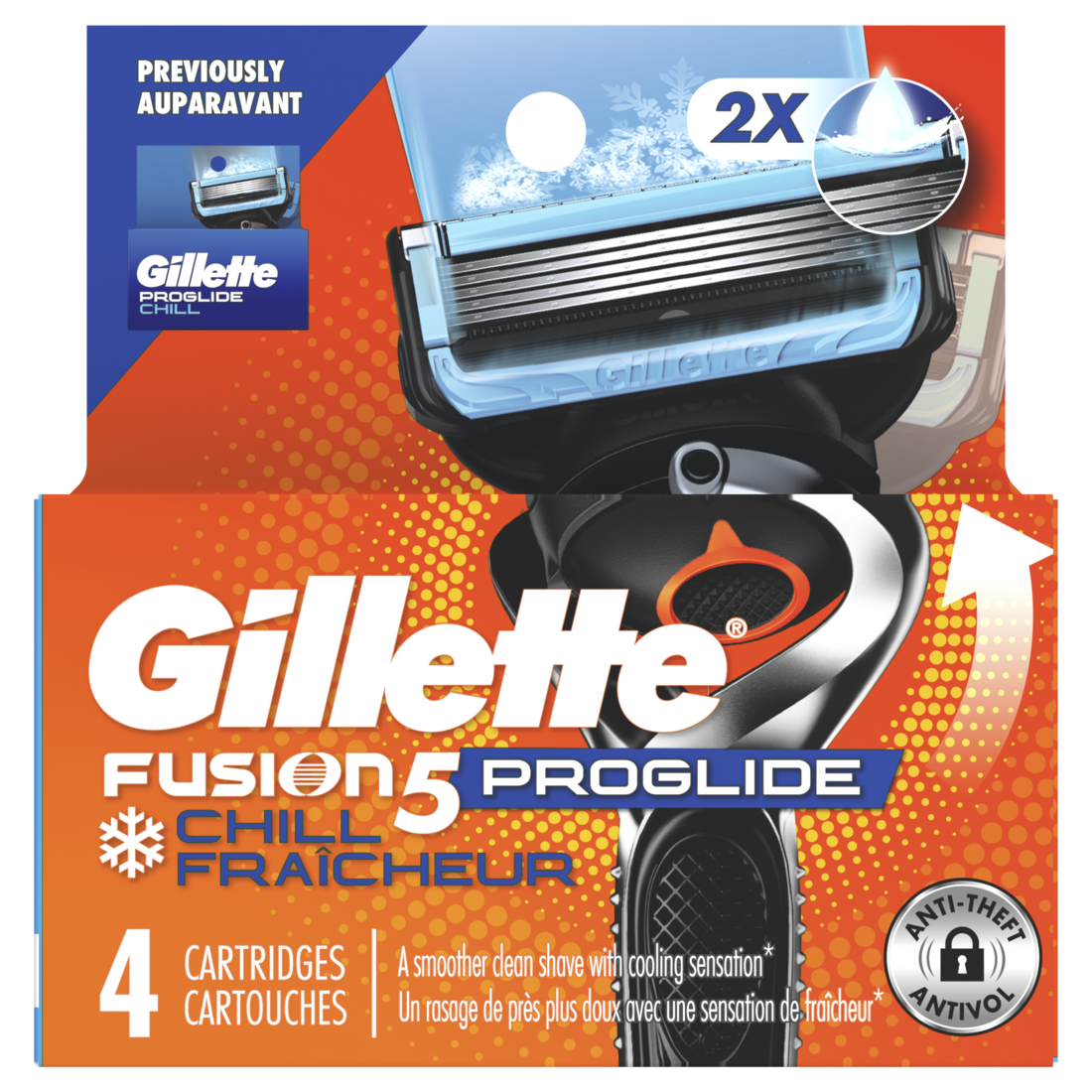 Gillette Fusion5 Proglide Chill Razor Refills 4 Razor Cartridges For Flexball Handle 5-Blade Razor Blades 2X Cooling Lubrication - 4ct/6pk