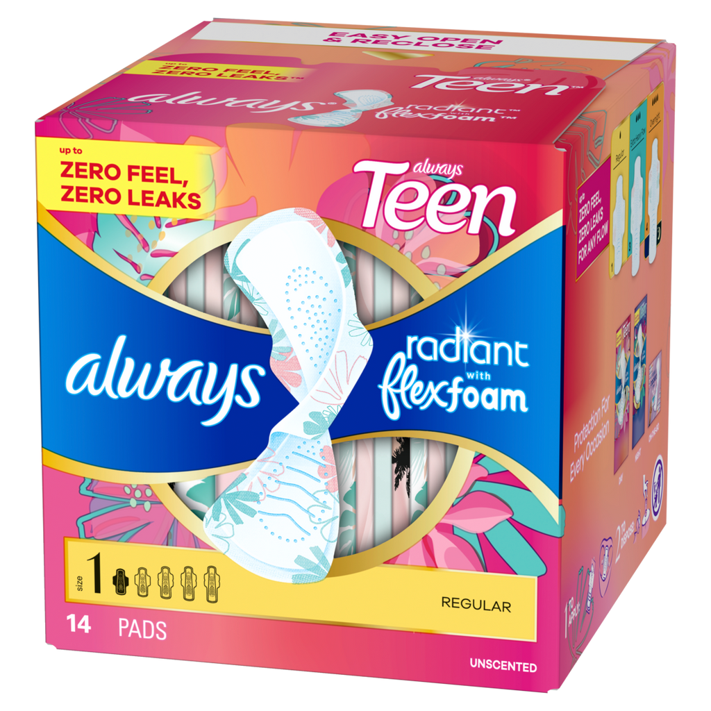 Always Radiant Teen With Flexfoam Pads Size 1 Regular With Wings Unscented - 14ct/12pk
