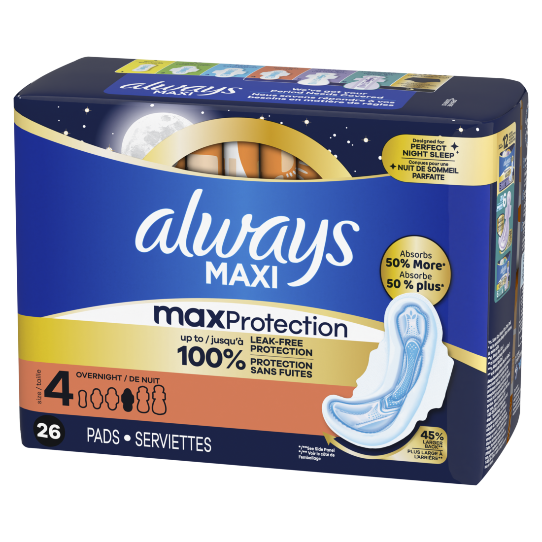 Always Maxi Overnight Pads With Wings For Women Size 4 Overnight Absorbency Unscented - 26ct/6pk