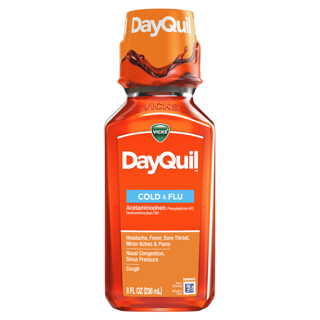 Vicks Dayquil Cold & Flu Relief Liquid Over-The-Counter Medicine Non-Drowsy Powerful Multi-Symptom Daytime Relief For Headache Fever Sore Throat Minor Aches And Pains Nasal Congestion Sinus Pressure And Cough - 8oz/12pk