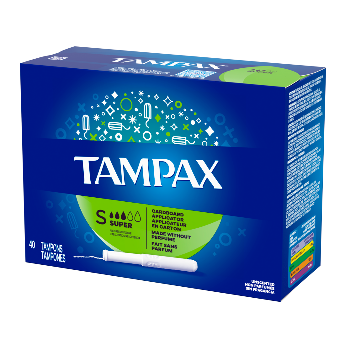 Tampax Cardboard Tampons Super Absorbency Anti-Slip Grip Leakguard Skirt Unscented - 40ct/12pk