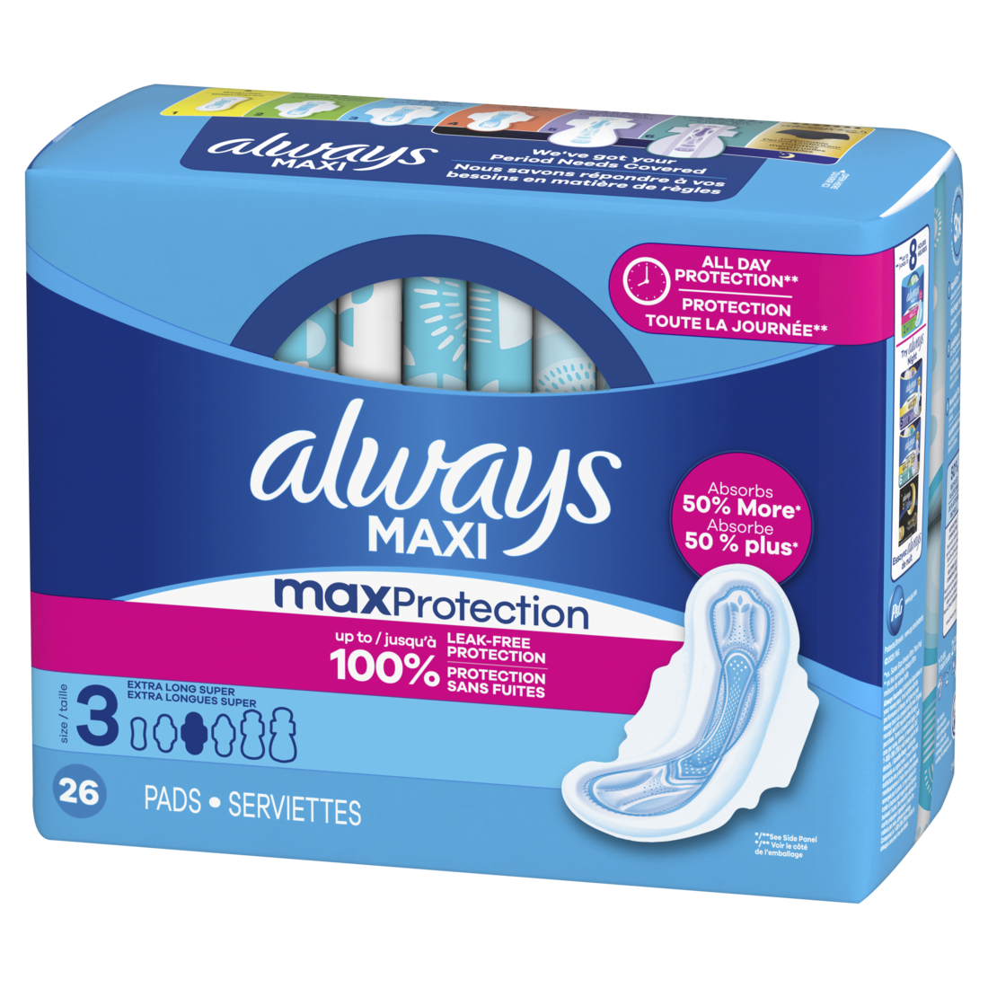 Always Maxi Feminine Pads With Wings For Women Size 3 Extra Long Super Absorbency Unscented - 26ct/3pk