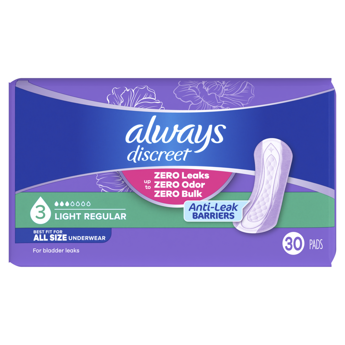 Always Discreet Adult Incontinence Pads For Women Light Absorbency Regular Length Postpartum Pads Size 3 - 30ct/3pk