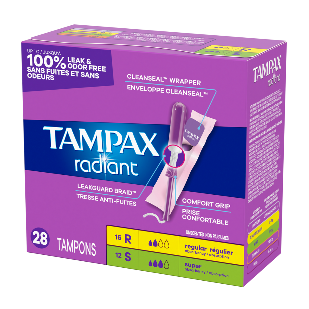 Tampax Radiant Tampons Multipack With Leakguard Braid Regular/Super Absorbency Unscented - 28ct/6pk
