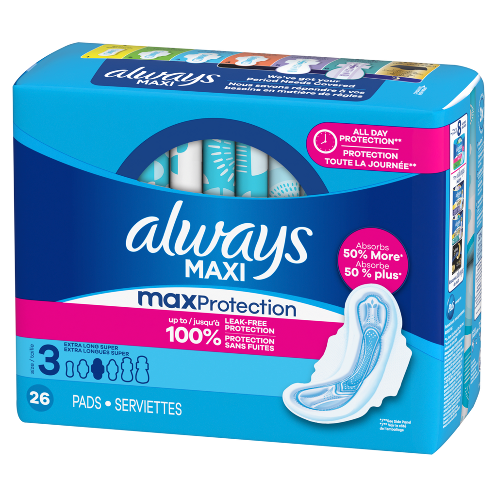 Always Maxi Feminine Pads With Wings For Women Size 3 Extra Long Super Absorbency Unscented - 26ct/3pk