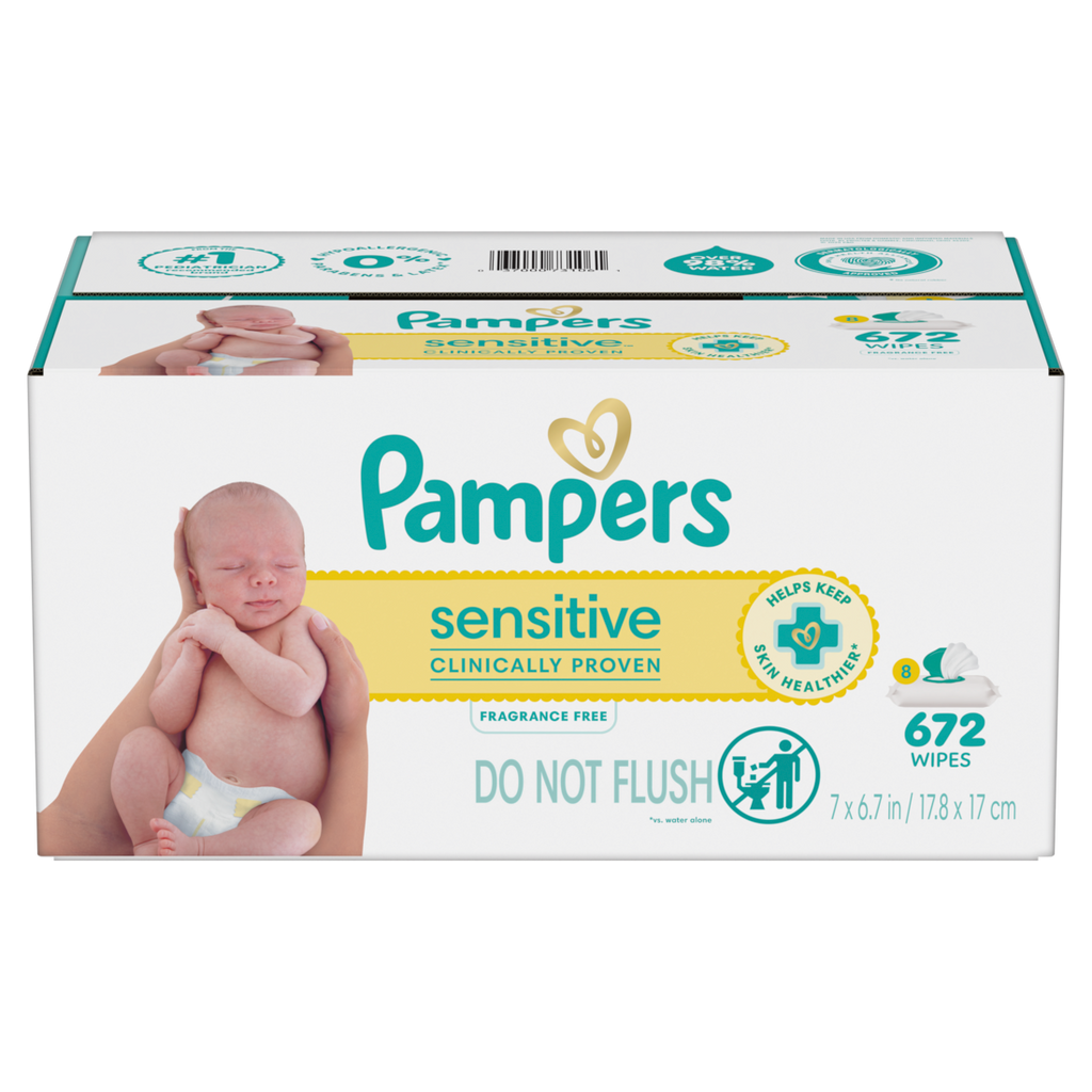 Baby Wipes Pampers Sensitive Clinically Proven Fragrance Free Water Based Hypoallergenic Baby Wipes (8X Flip-Top Packs 84 Wipers per Pack) - 672ct/1pk